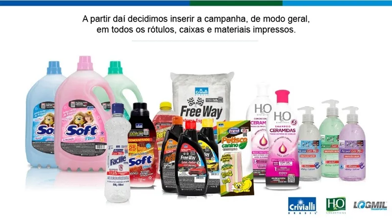 Produtos com rótulos sobre a Campanha